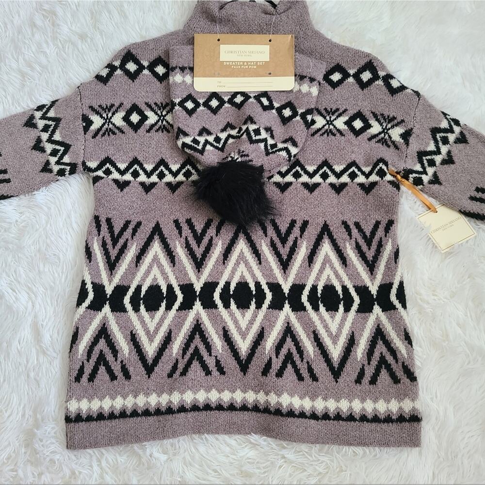 NWT Christian Siriano Gray Turtleneck Faux Fur Pom Sweater & Hat Set XS